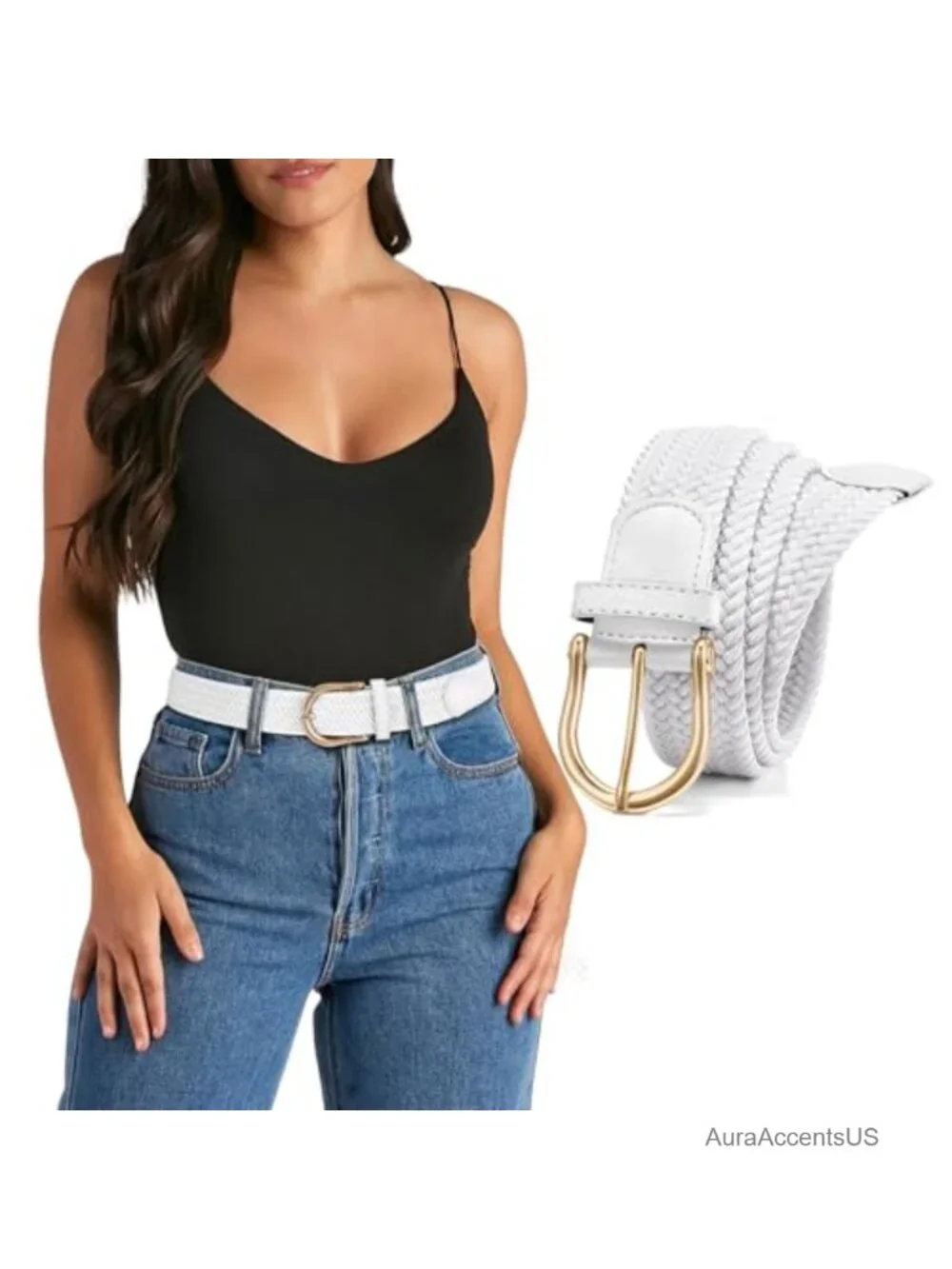 Women's Elastic Braided Belt With Metal Buckle Stretch Woven No-Hole